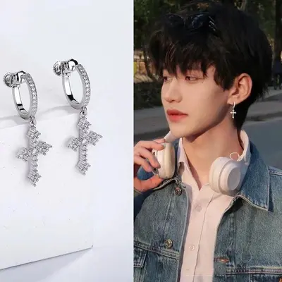 Men's Full Zirconia Ear Clip, Cross Screw Hip-Hop Style