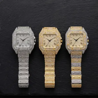 Men's watch, square diamond-studded, steel band, quartz - 3