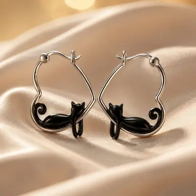 Cute cat ear studs with heart drop design for women - 2