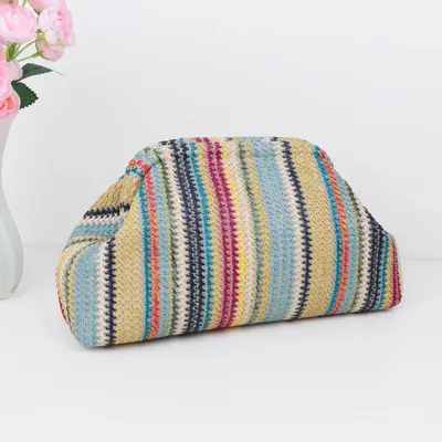Imitation Straw Woven Cosmetic Bag, Rainbow Stripe, Large Capacity - 7