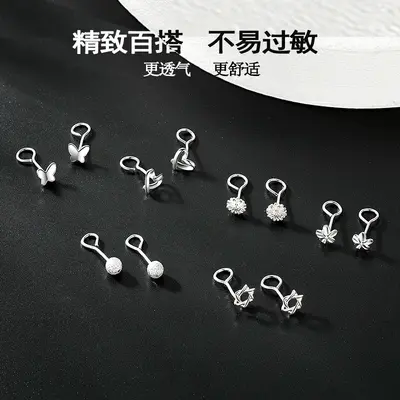 s999纯银弯钩耳钉女蝴蝶耳环夏款小众耳骨钉足银耳饰品厂家批发