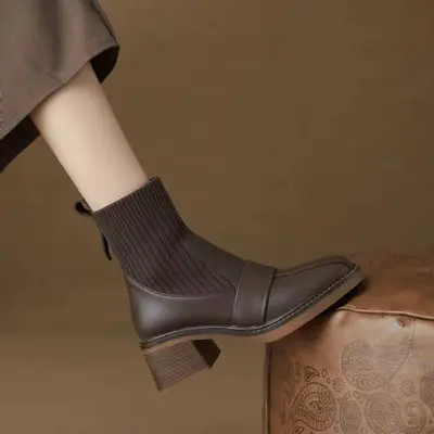 Women's Chunky Heel Knit Ankle Boots, Stretch Sock Style, Martin Boots