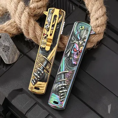 Embossed Folding Knife with Colored Titanium Handle, High-Hardness Blade - 5