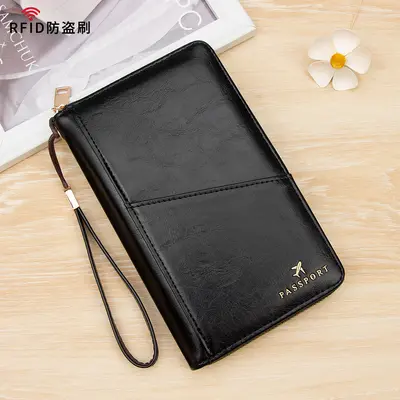 RFID passport holder, long format, multi-compartment, zippered