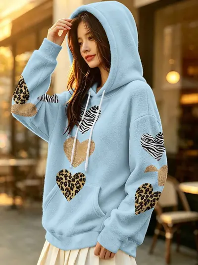 Women's Hooded Sweatshirt, Zebra Print, Heart Pattern, Velvet Fabric - 5