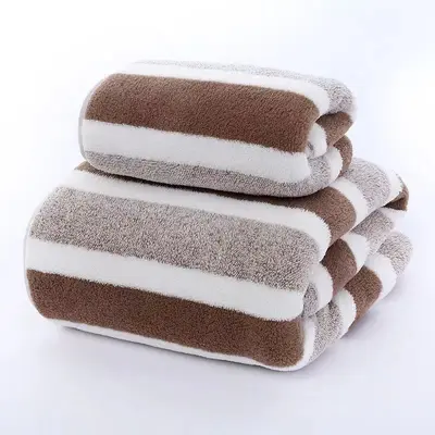 Grenzüberschreitendes Handtuch- und Badetuch-Set, verdickte Korallenfleecequalität, schlichtes dreistreifiges Design, weich, saugfähig, schnelltrocknend, fusselarm