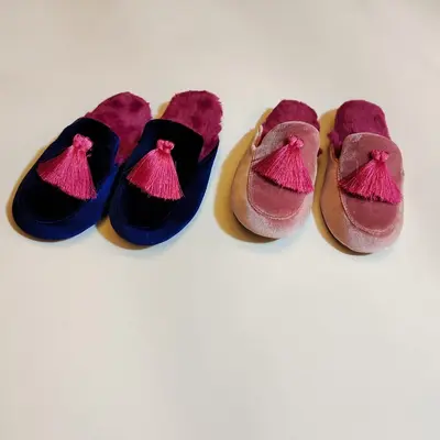 Princess-Style Hand-Stitched Tassel Velvet House Slippers, High Heel, Closed Toe