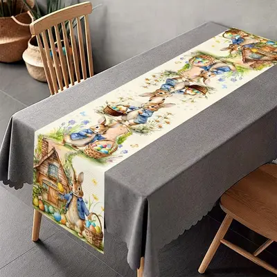 Easter Linen Table Runner with Rabbit Print