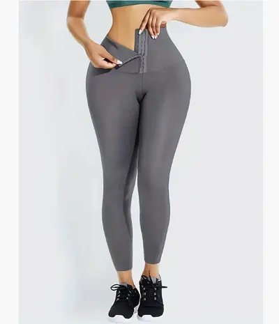 Women's High-Waist Yoga Leggings with Double-Button Front, Tummy Control, Butt Lift, Elast - 9