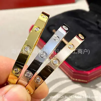 V金高版经典LOVE手镯CNC精工窄中宽版镶钻情侣手镯厚电镀超保色
