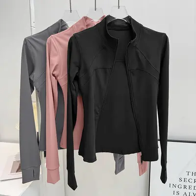 薄绒跑步训练健身服外套春季款立领瑜伽服女拉毛紧身显瘦运动上衣