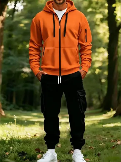 Men's Hooded Sweatshirt Set, Two-Piece, Multi-Pocket - 10