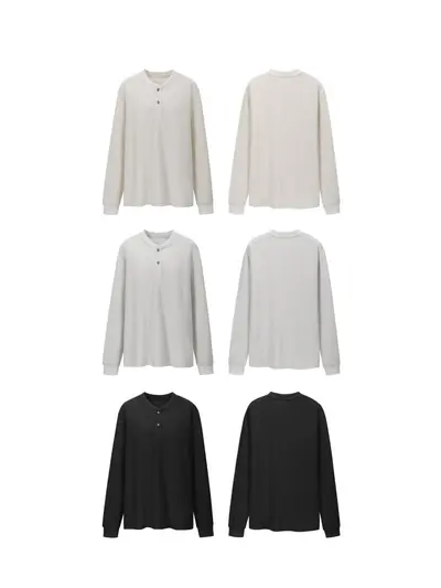 Jiezhan Waffel-Henley-Langarmshirt, farblich kontrastierend, unisex, locker geschnitten