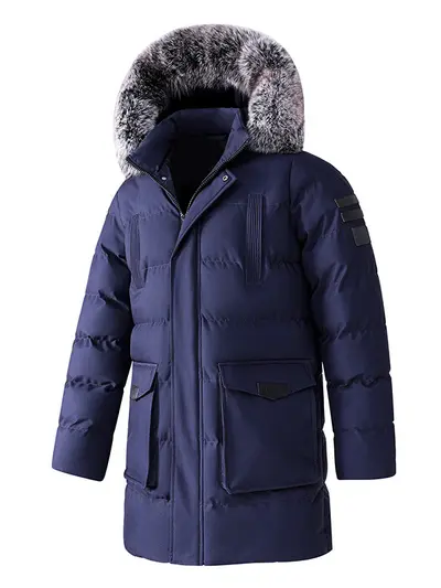 Winter-Neuheit Herren Mantel mittellang mit Pelzkragen, verdickt, mit Kapuze, große Größen, locker geschnittene Wattejacke, warm, Winterjacke