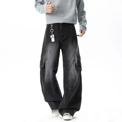 Men's Black Jeans, Loose Straight-Leg Wide-Leg Pants with Patchwork