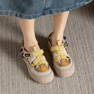 Retro Genuine Leather Mesh Women's Sandals, Cowhide Upper