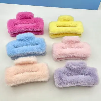 Oufeirle Autumn and Winter Square Plush Hair Clip Large Handmade Rabbit Fur Shark Clip Fluffy Hair Bun Clip Hair Accessory - 9