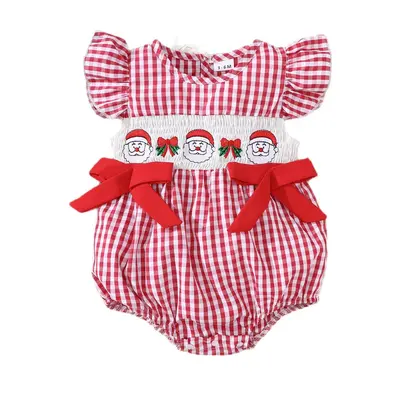 Newborn Christmas Romper with Plaid Pattern and Embroidered Bow - 5