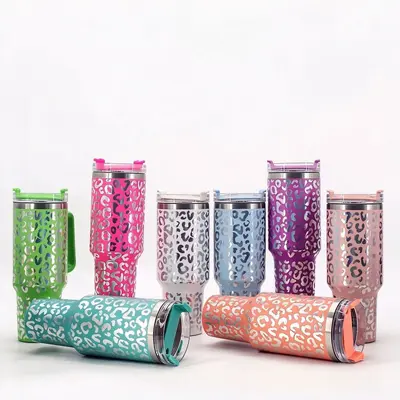 40oz Leopar Desenli Paslanmaz Çelik Araba Kupası, 304 Termos, Pipetli, Saplı