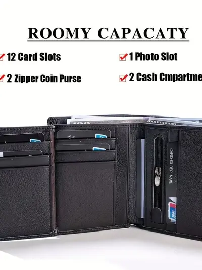 Men's Genuine Leather Trifold Wallet, RFID Blocking - 4