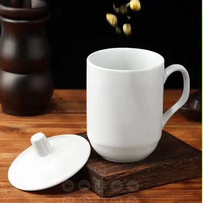 Pure White Ceramic Mug with Lid, Office and Hotel Cup - 2