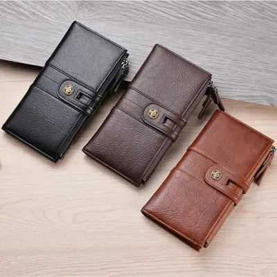 Men's Long PU Wallet with Snap Closure and Retro Zipper - 3