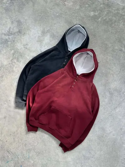 Erkek Düz Renk Düğmeli Kapüşonlu Sweatshirt, Retro Sokak Modası