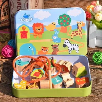 Cartoon Metal Box Wooden Bead Threading Toy - 7