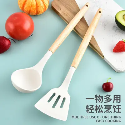 Haşlanma önleyici ve yüksek sıcaklığa dayanıklı masif ahşap silikon spatula spatula seti çorba kaşığı ev mutfak eşyaları mutfak ev pişirme kaşığı tencere
