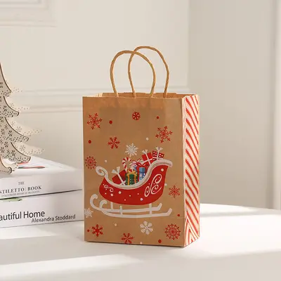 Noel Kraft Kağıt Hediye Çantası, Kar Tanesi ve Geyik Desenli - 9