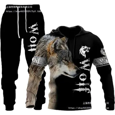 3D kurt baskılı kapüşonlu sweatshirt, erkek takım - 3