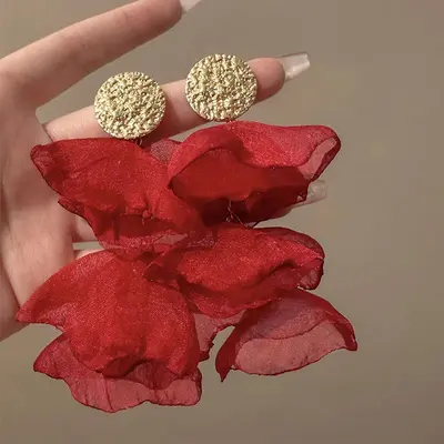 Chiffon Petal Earrings Vintage White Women's Style - 8