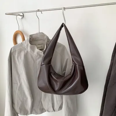 Kore Tarzı Minimalist Düz Renk Hobo Kadın Çanta, Yumuşak Deri, Tek Omuz - 9