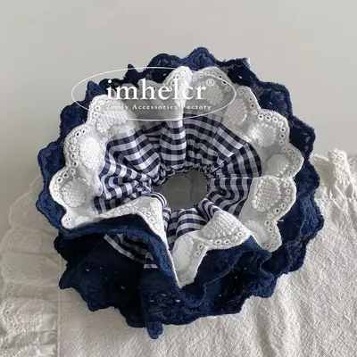 Coffee Blue Striped Lace Double-Layer Hair Tie for Women - 10