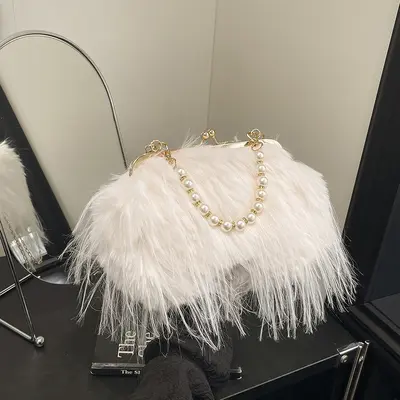 Retro Plush Women's Bag, Pearl Chain, Small Square, Single Shoulder Strap - 7