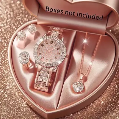 5 parçalı kadın kuartz saat seti, kolye ve takı seti - 11