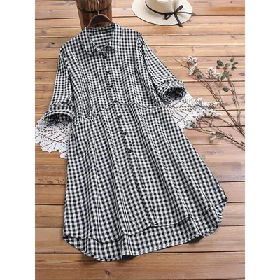Women's Cotton-Linen Long Cardigan Shirt, Single-Breasted, Plaid
