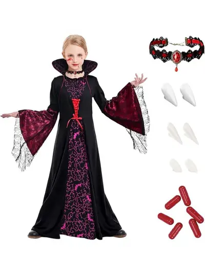 Children's Halloween Witch Costume, Long-Sleeve, Medieval Retro Printed Dress