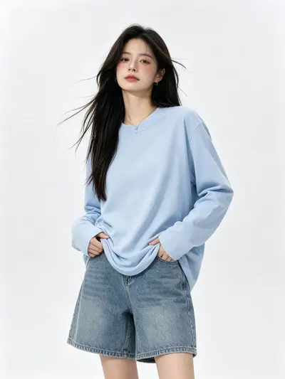 Long Sleeve Women's T-Shirt, White 100% Cotton, Round Neck, Loose Fit - 8