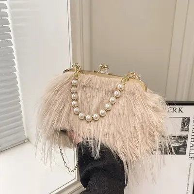 Retro Plush Women's Bag, Pearl Chain, Small Square, Single Shoulder Strap - 8
