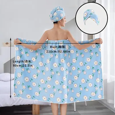 Sınır Ötesi Baskılı Bandeau Elbisesi Banyo Şapkası Kadın Ev Kullanımı Yazlık Banyo Havlusu Yumuşak Banyo Robası Su Emici Saç Kurutma Şapkası İki Parçalı Set - 11