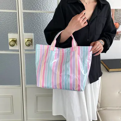 Große Damen-Tote-Bag aus PVC mit Streifen, wasserdicht, tragbar