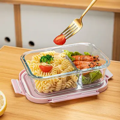 Mikrodalgaya uygun cam yemek kutusu, bölmeli, bento kutusu