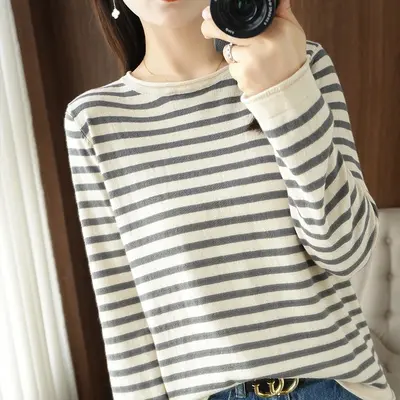 Damen-Strickpullover, 100% Baumwolle, Kontraststreifen, Rundhals