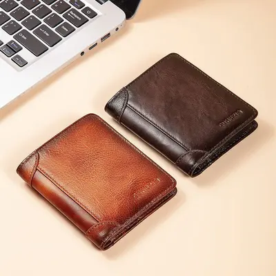 Men's Genuine Leather Short Wallet, Top-Grain Cowhide, Ultra-Thin Retro Driver's License H - 4