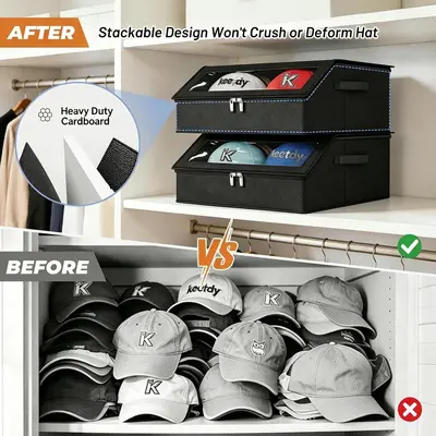 Foldable Hat Storage Box with Zipper, Dustproof, Window, Stackable