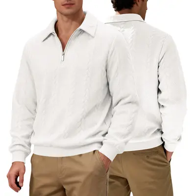 Erkek Fermuarlı POLO Sweatshirt, Doku Desenli, Büyük Beden