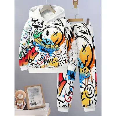 Boys' Hooded Sweatshirt Set, Spring Autumn Printed Two-Piece Casual Kidswear - 8