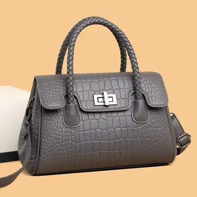 Women's Embossed Leather Shoulder Bag, Woven Cord Detail, Crossbody Strap - 5