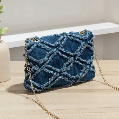 Denim Chain-Strap Flap Small Square Women's Bag with Diamond Quilting - 4